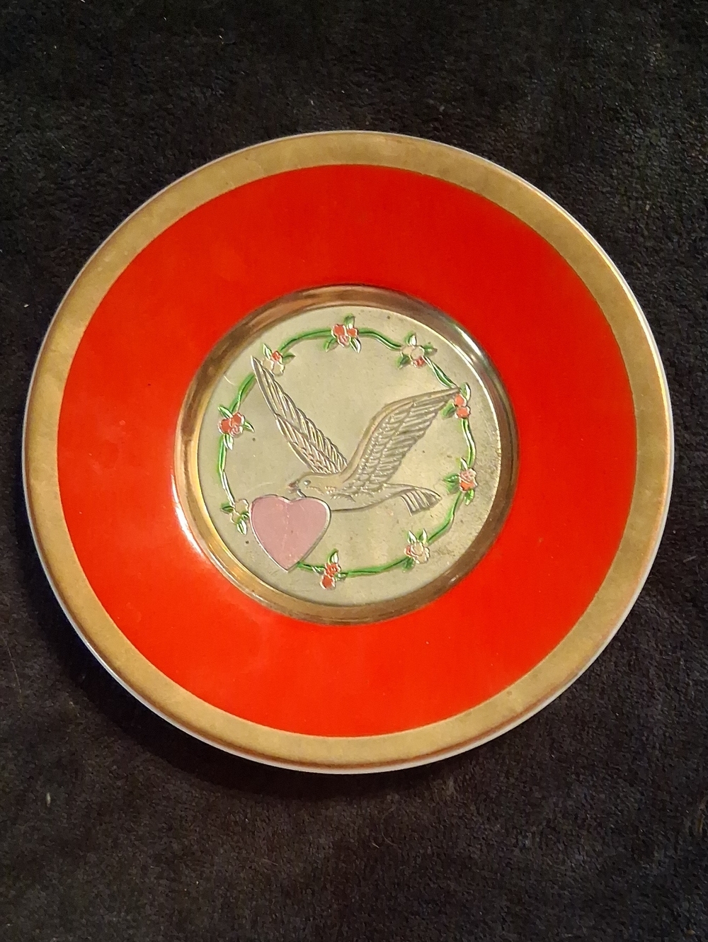Red and Gold Decorative Plate with Dove and Heart Motif